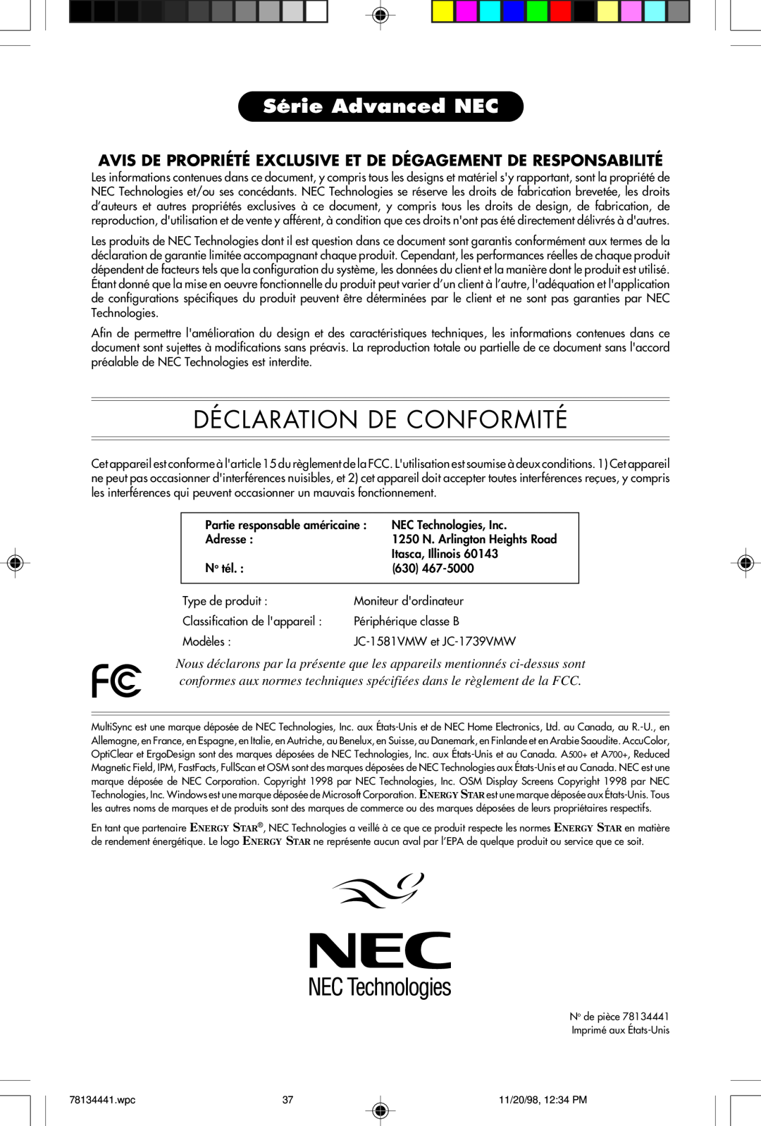 NEC A700+TM Déclaration De Conformité, Série Advanced NEC, Avis De Propriété Exclusive Et De Dégagement De Responsabilité 