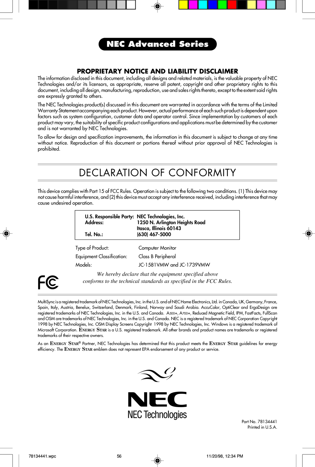 NEC A500+TM, A700+TM user manual Declaration Of Conformity, NEC Advanced Series, Proprietary Notice And Liability Disclaimer 