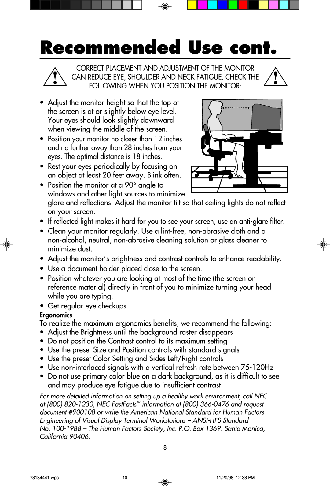 NEC A500+TM, A700+TM user manual Adjust the monitor height so that the top 