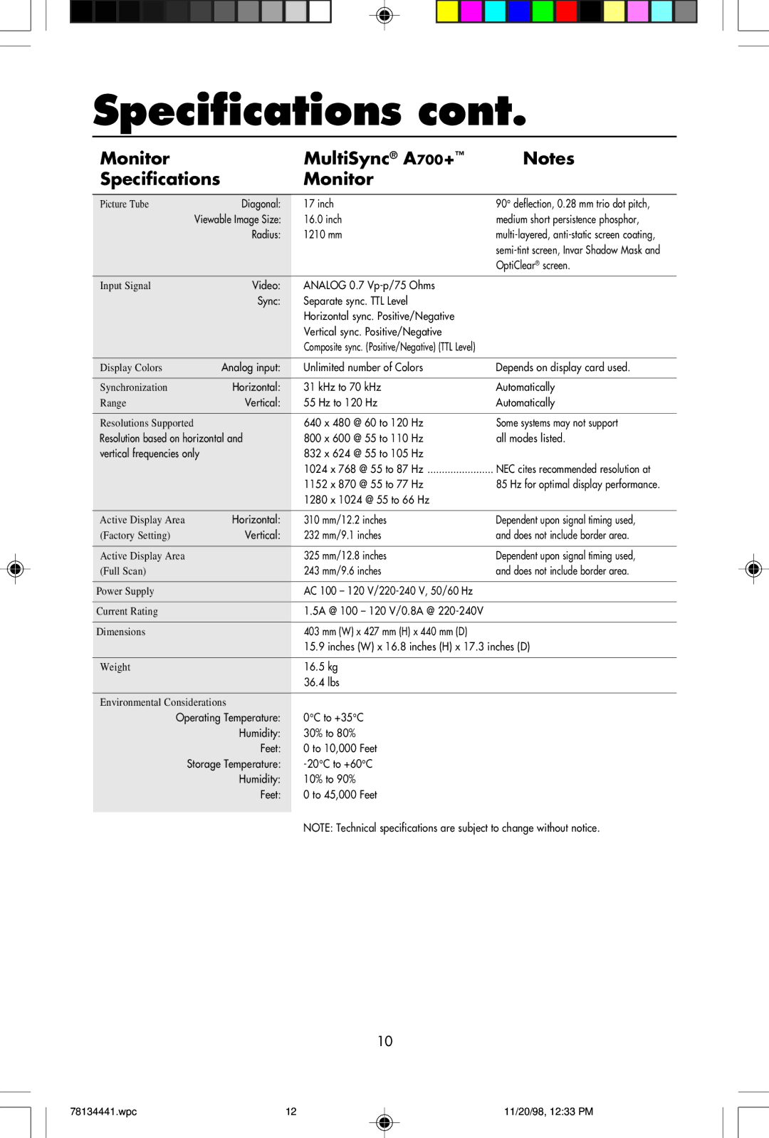 NEC A500+TM, A700+TM user manual Monitor MultiSync A700+ Specifications, 243 mm/9.6 inches Does not include border area 