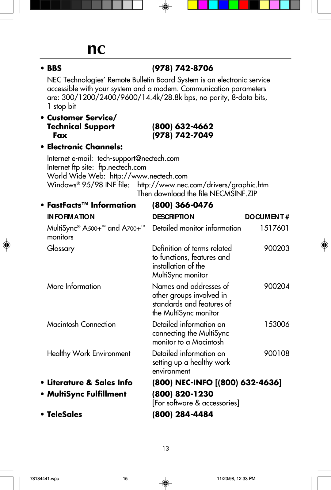 NEC A700+TM References, 978, FastFacts Information 800, Literature & Sales Info NEC-INFO 800 MultiSync Fulfillment 