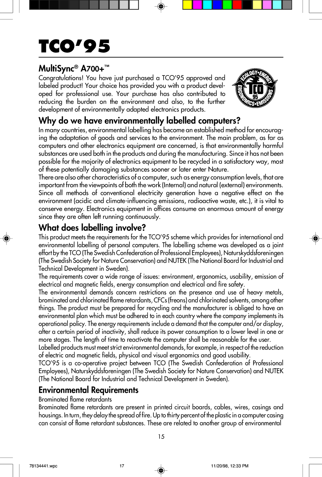 NEC A700+TM, A500+TM user manual TCO’95, MultiSync A700+ 