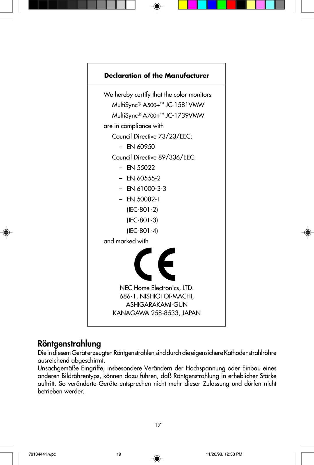 NEC A700+TM, A500+TM user manual Röntgenstrahlung 