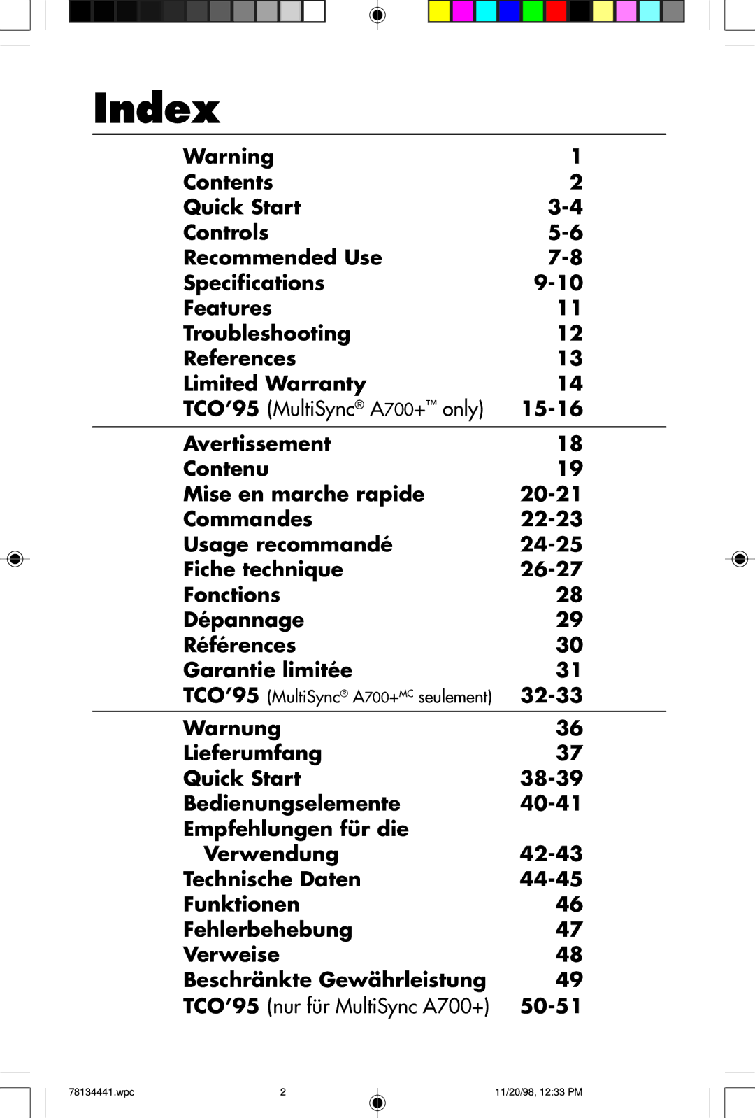 NEC A500+TM, A700+TM user manual Index, TCO’95 MultiSync A700+MC seulement 