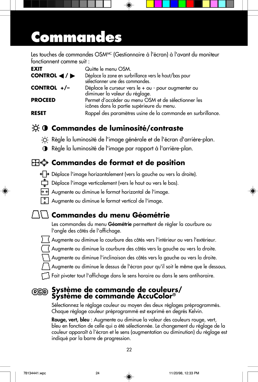 NEC A500+TM, A700+TM user manual Commandes, Rappel des paramètres usine de la commande en surbrillance 