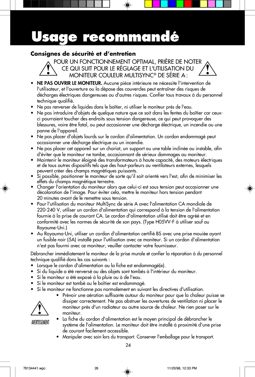 NEC A500+TM, A700+TM user manual Usage recommandé, Consignes de sécurité et d’entretien 