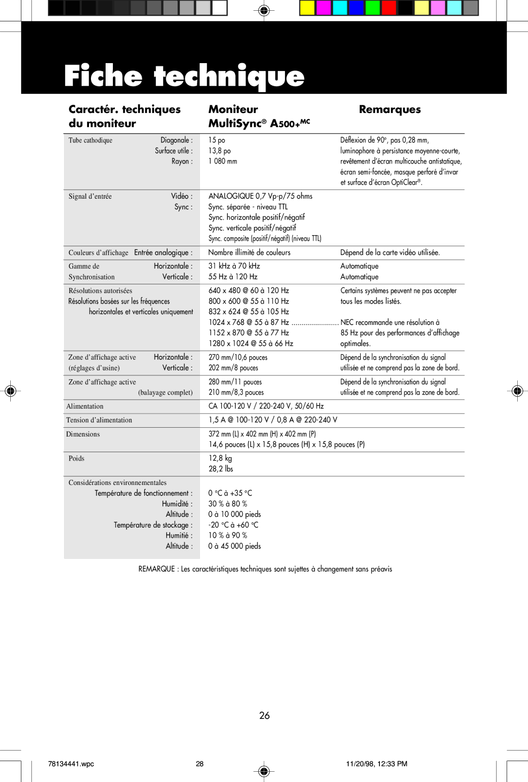 NEC A500+TM, A700+TM user manual Fiche technique, 210 mm/8,3 pouces 