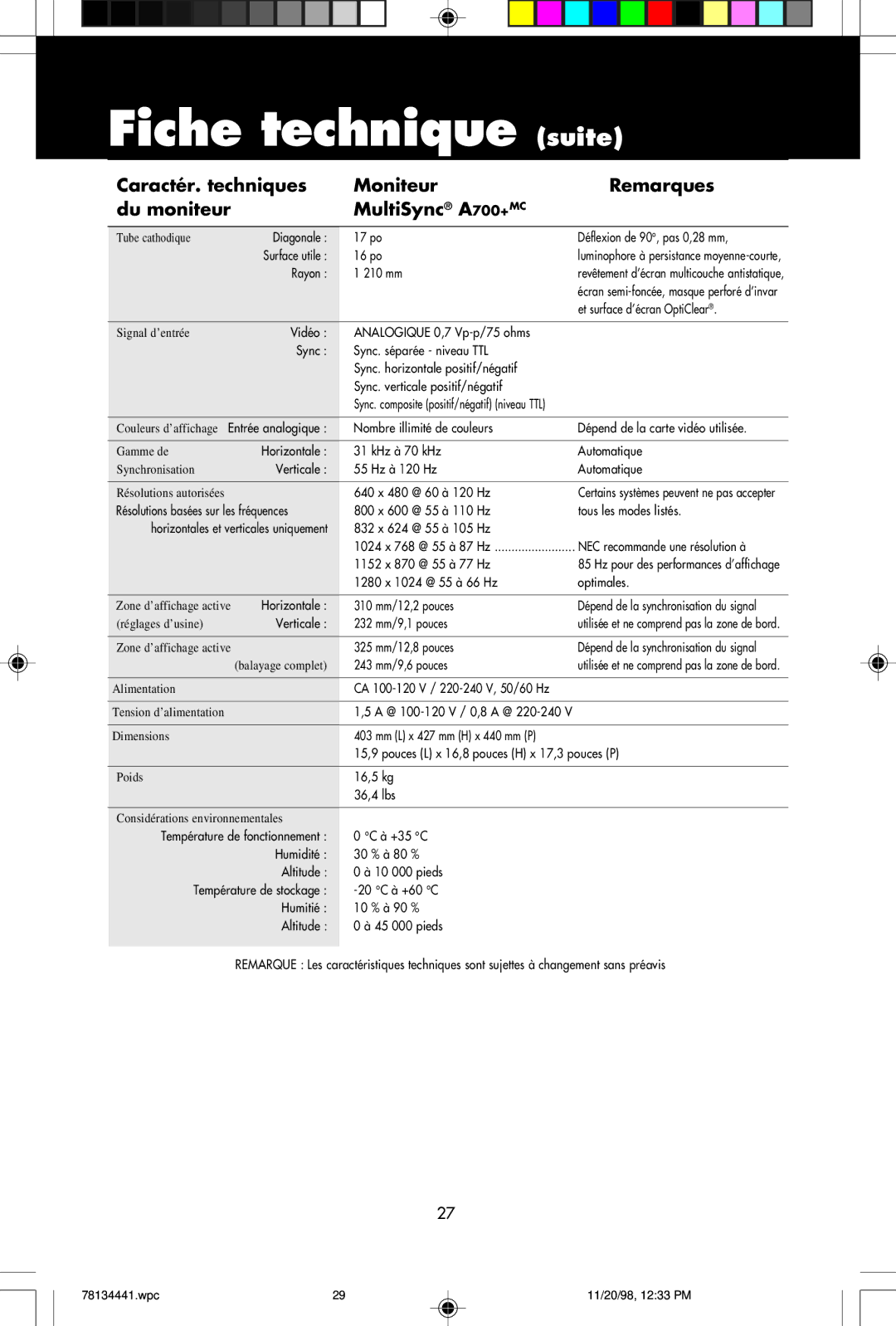 NEC A700+TM, A500+TM user manual Fiche technique suite, 243 mm/9,6 pouces 