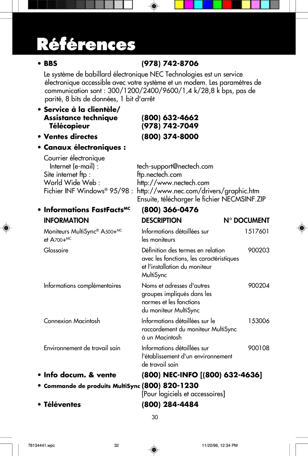 NEC A500+TM Références, Informations FastFactsMC Information, 800 978, Info docum. & vente NEC-INFO 800, Téléventes 800 