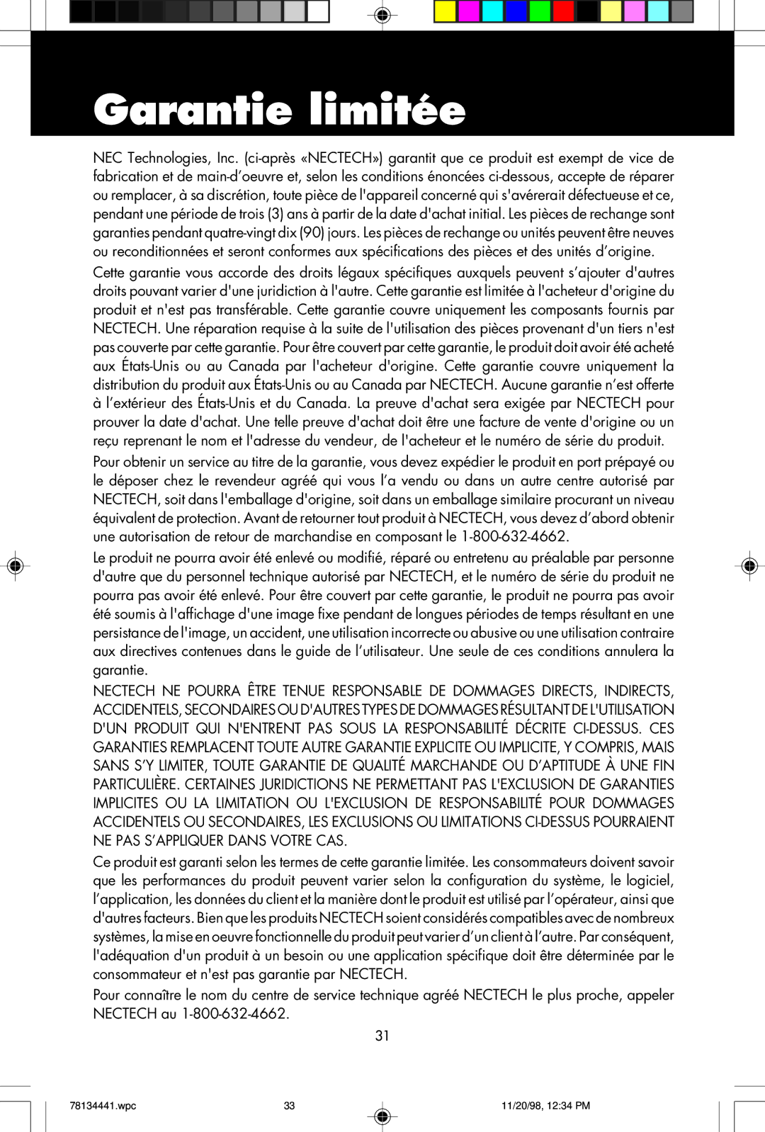 NEC A700+TM, A500+TM user manual Garantie limitée 