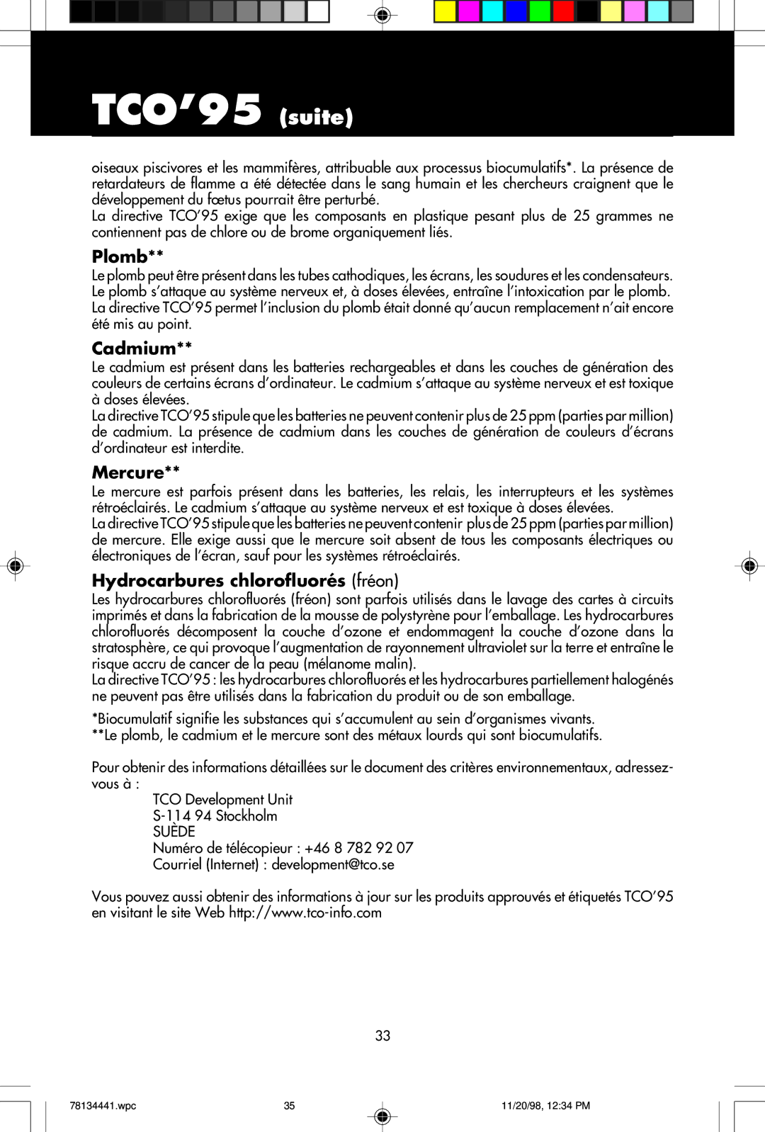 NEC A700+TM, A500+TM user manual TCO’95 suite, Plomb, Cadmium, Mercure, Hydrocarbures chlorofluorés fréon 