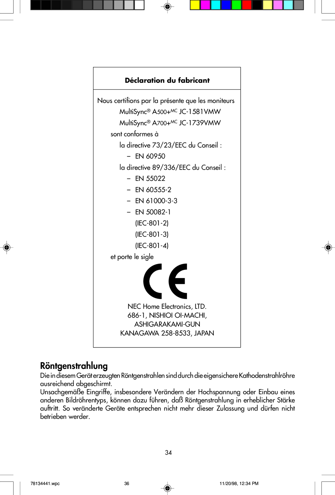 NEC A500+TM, A700+TM user manual Déclaration du fabricant 