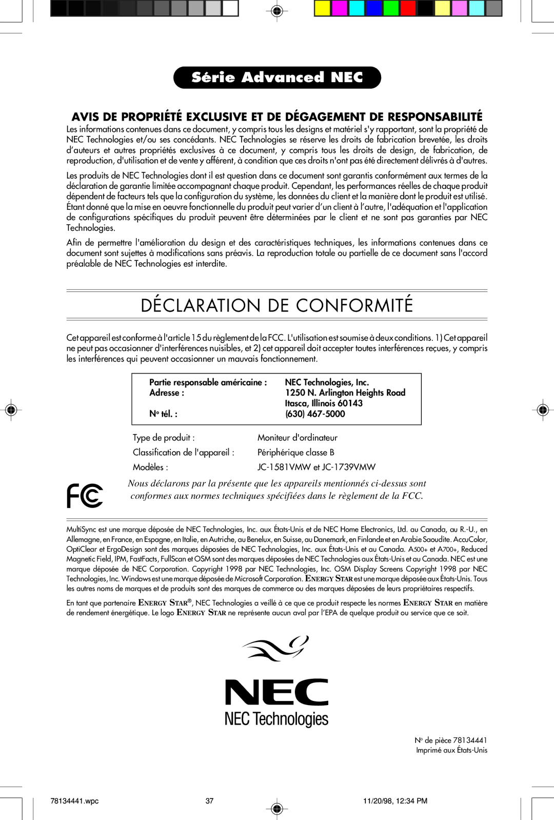 NEC A700+TM, A500+TM user manual Déclaration DE Conformité 