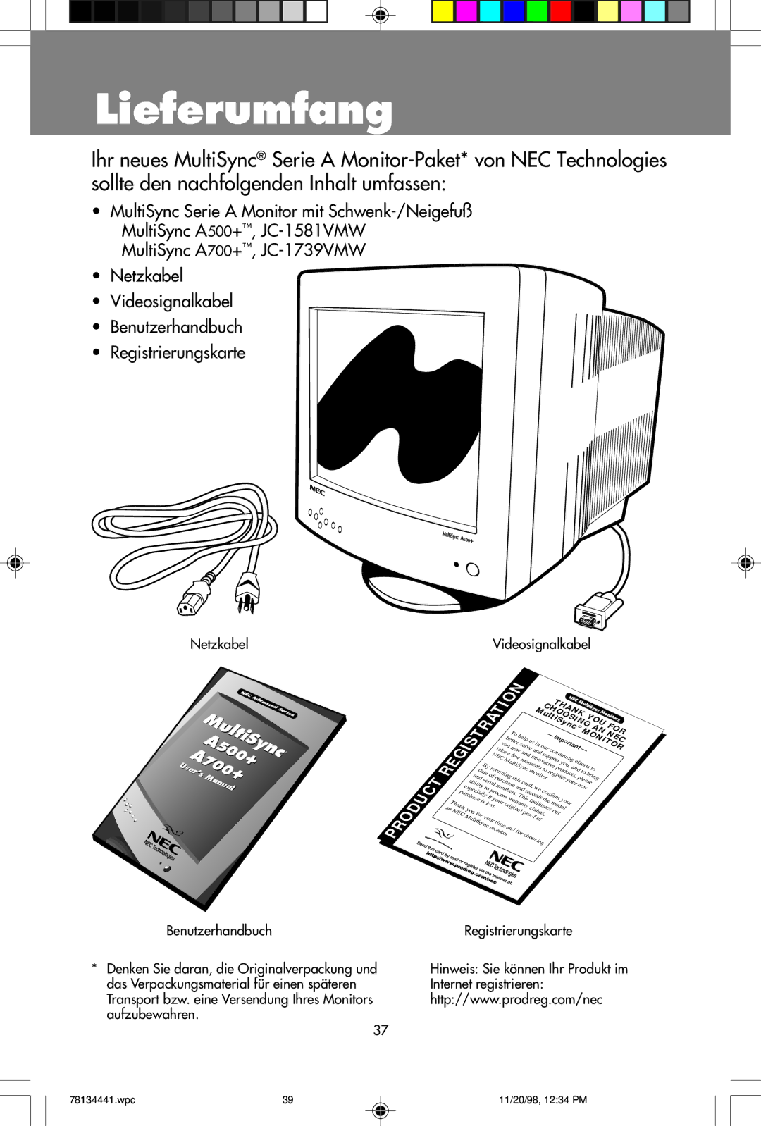 NEC A700+TM, A500+TM user manual Lieferumfang, Netzkabel, Videosignalkabel, Benutzerhandbuch Registrierungskarte 