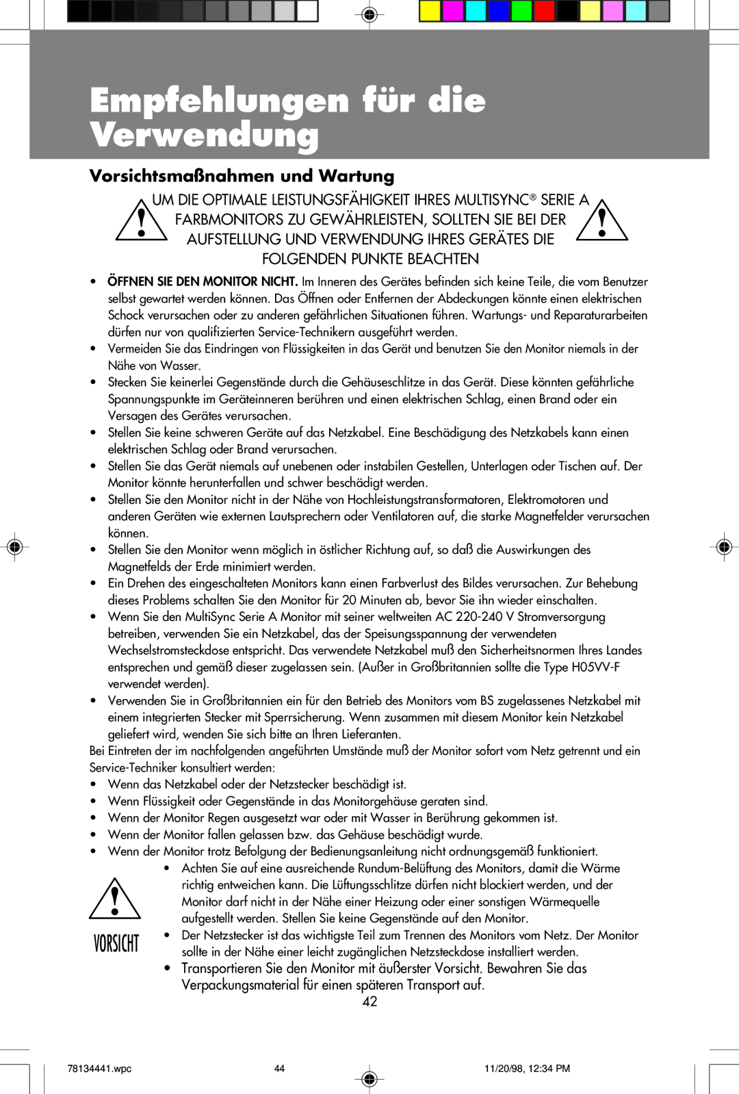 NEC A500+TM, A700+TM user manual Vorsichtsmaßnahmen und Wartung, Verpackungsmaterial für einen späteren Transport auf 