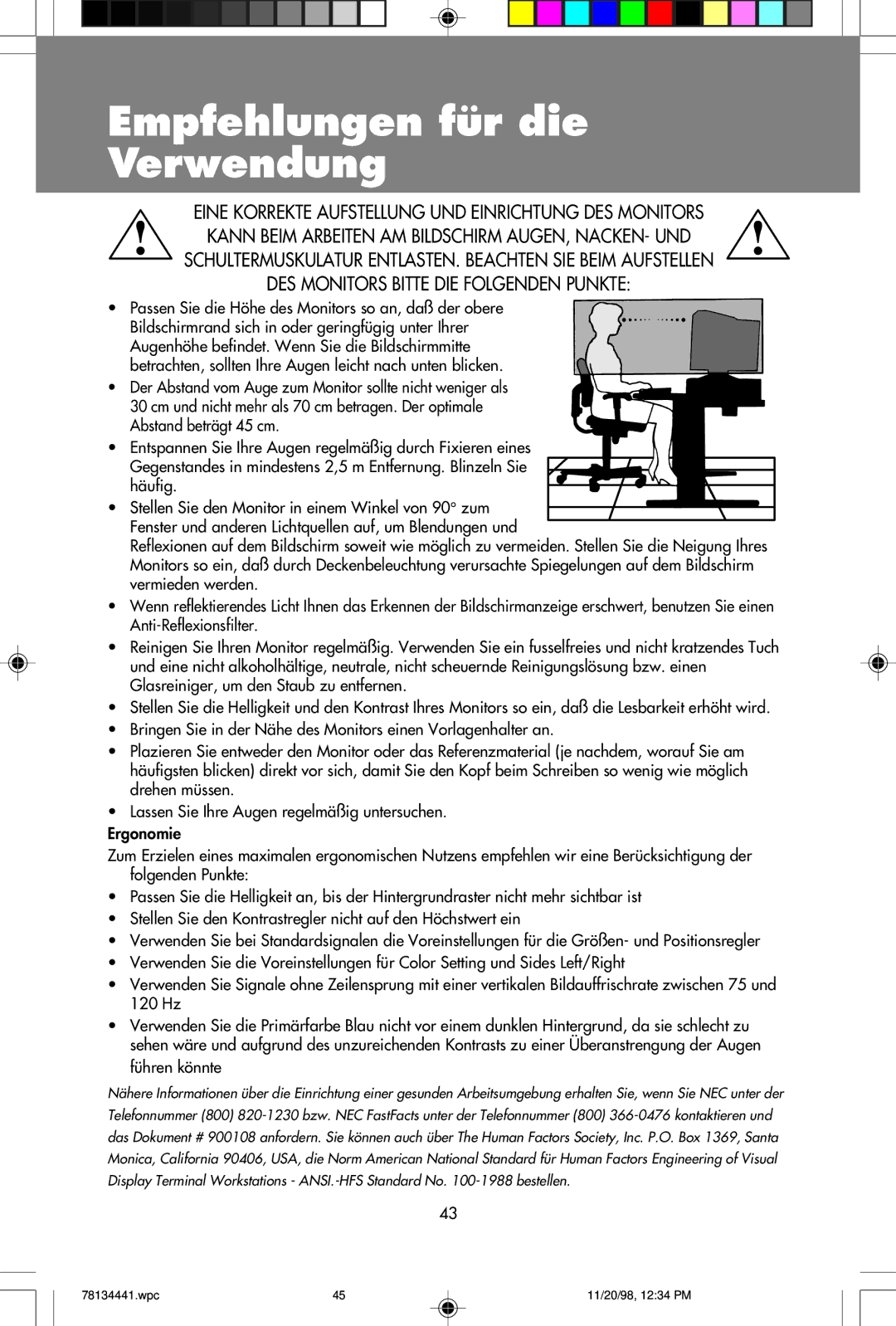 NEC A700+TM, A500+TM user manual Passen Sie die Höhe des Monitors so an, daß der obere 