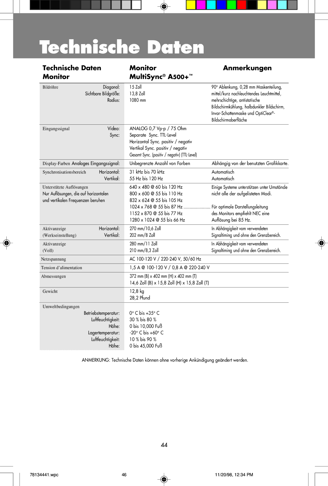 NEC A500+TM, A700+TM user manual Technische Daten Monitor Anmerkungen MultiSync A500+ 