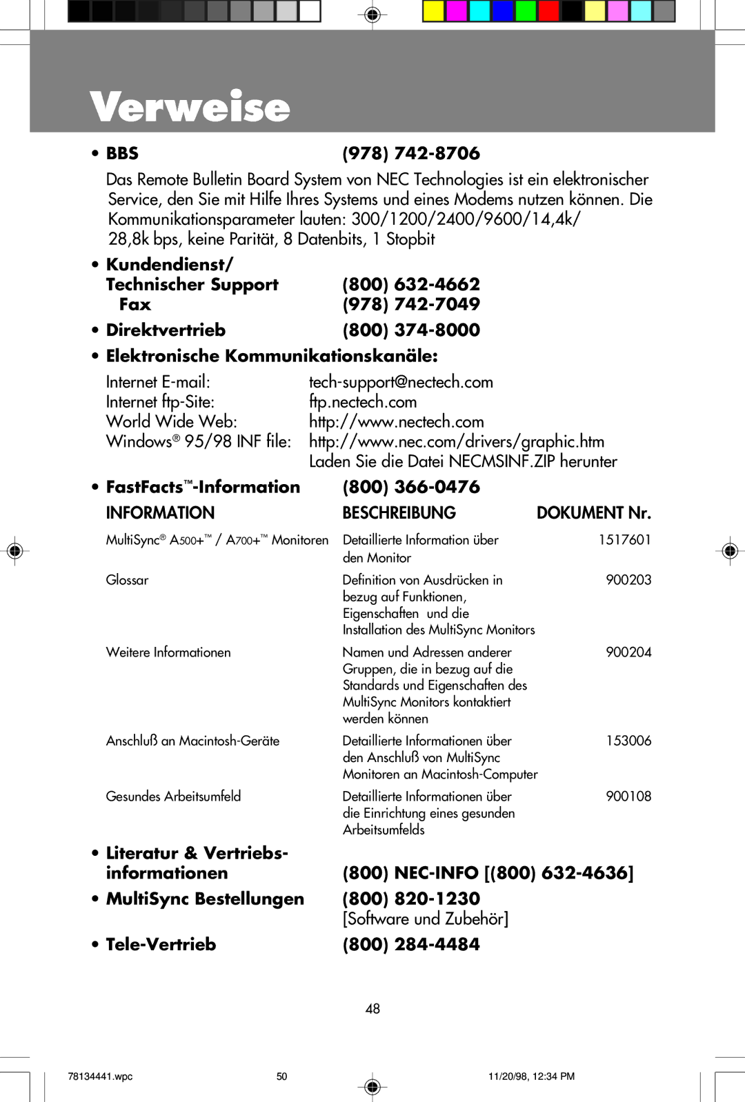 NEC A500+TM, A700+TM user manual Verweise, FastFacts-Information 800, Tele-Vertrieb 800 