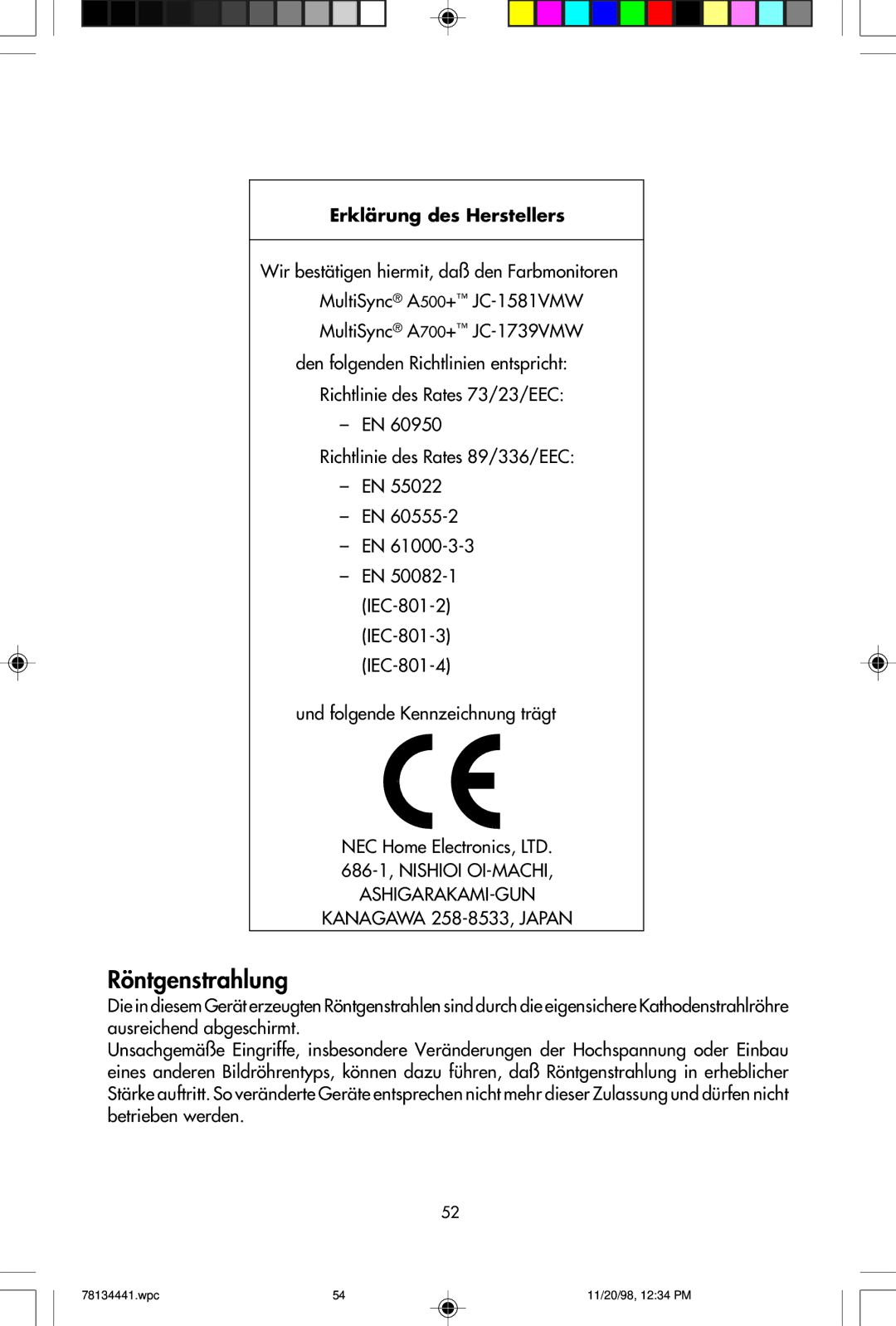 NEC A500+TM, A700+TM user manual Erklärung des Herstellers 