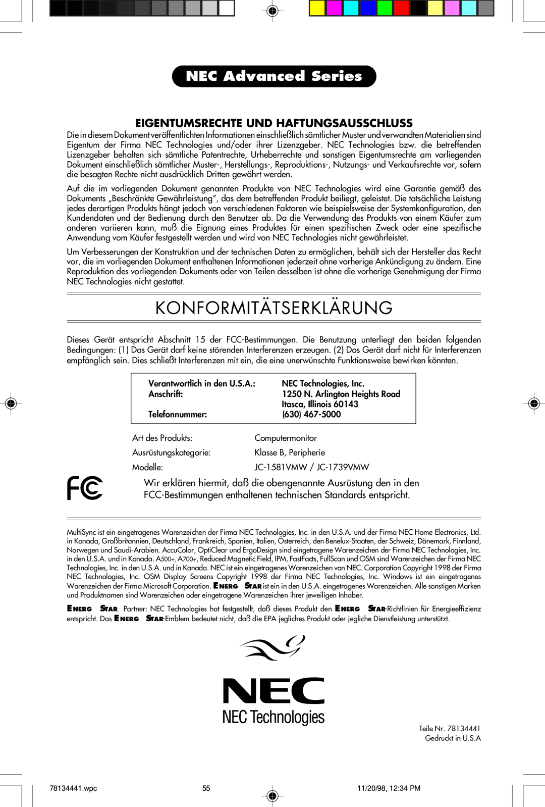 NEC A700+TM, A500+TM user manual Konformitätserklärung 