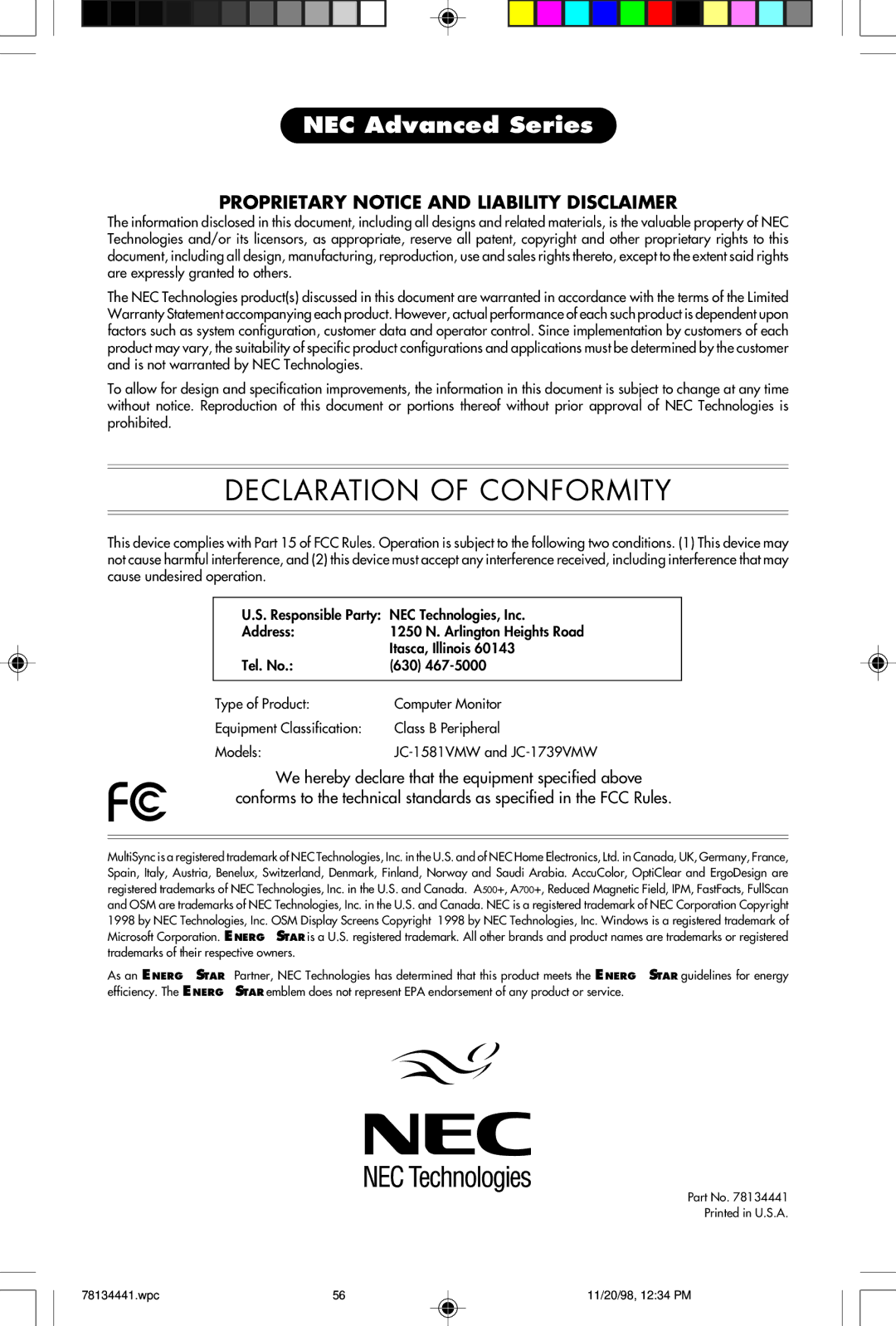 NEC A500+TM, A700+TM user manual Declaration of Conformity 