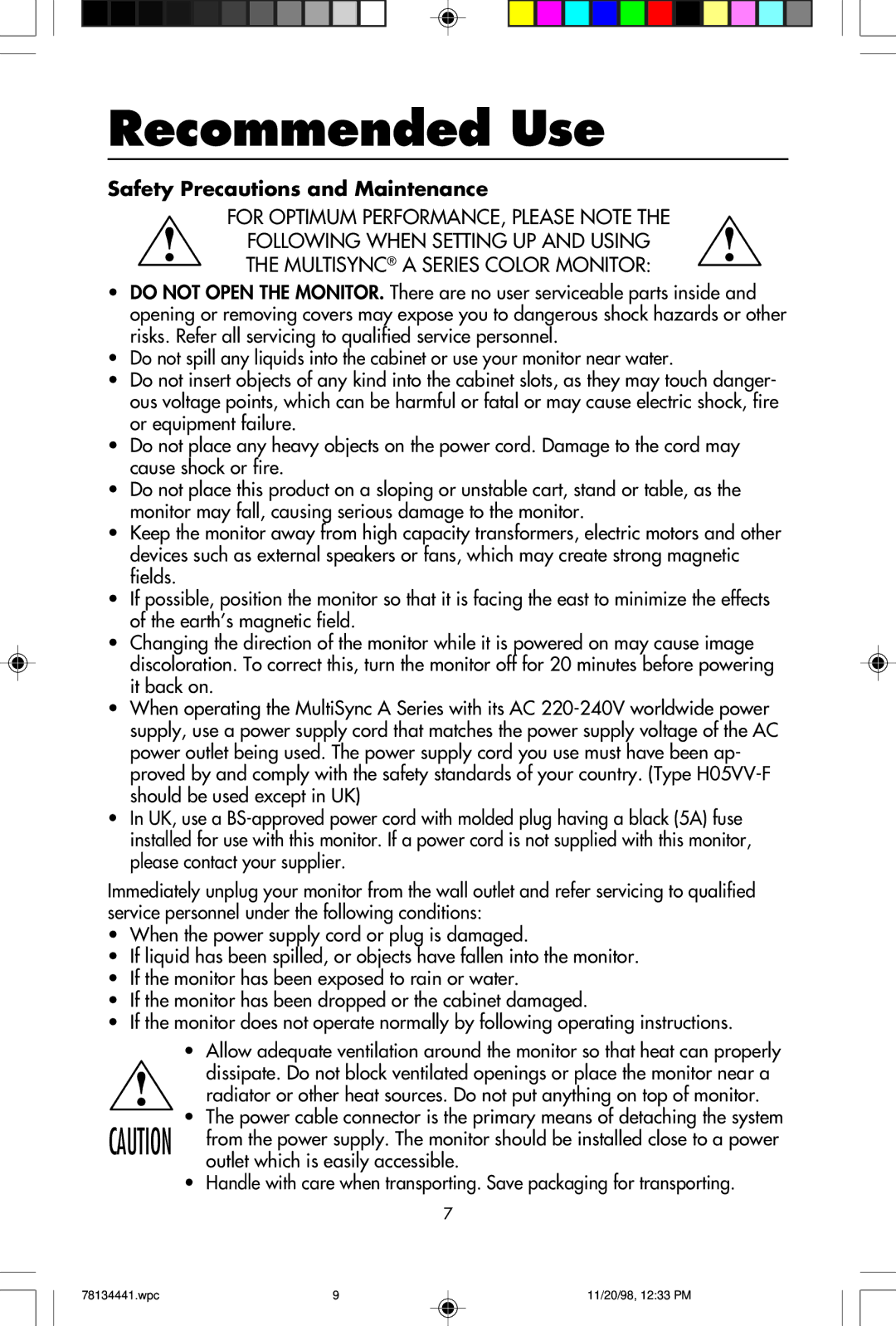 NEC A700+TM, A500+TM user manual Recommended Use, Safety Precautions and Maintenance 