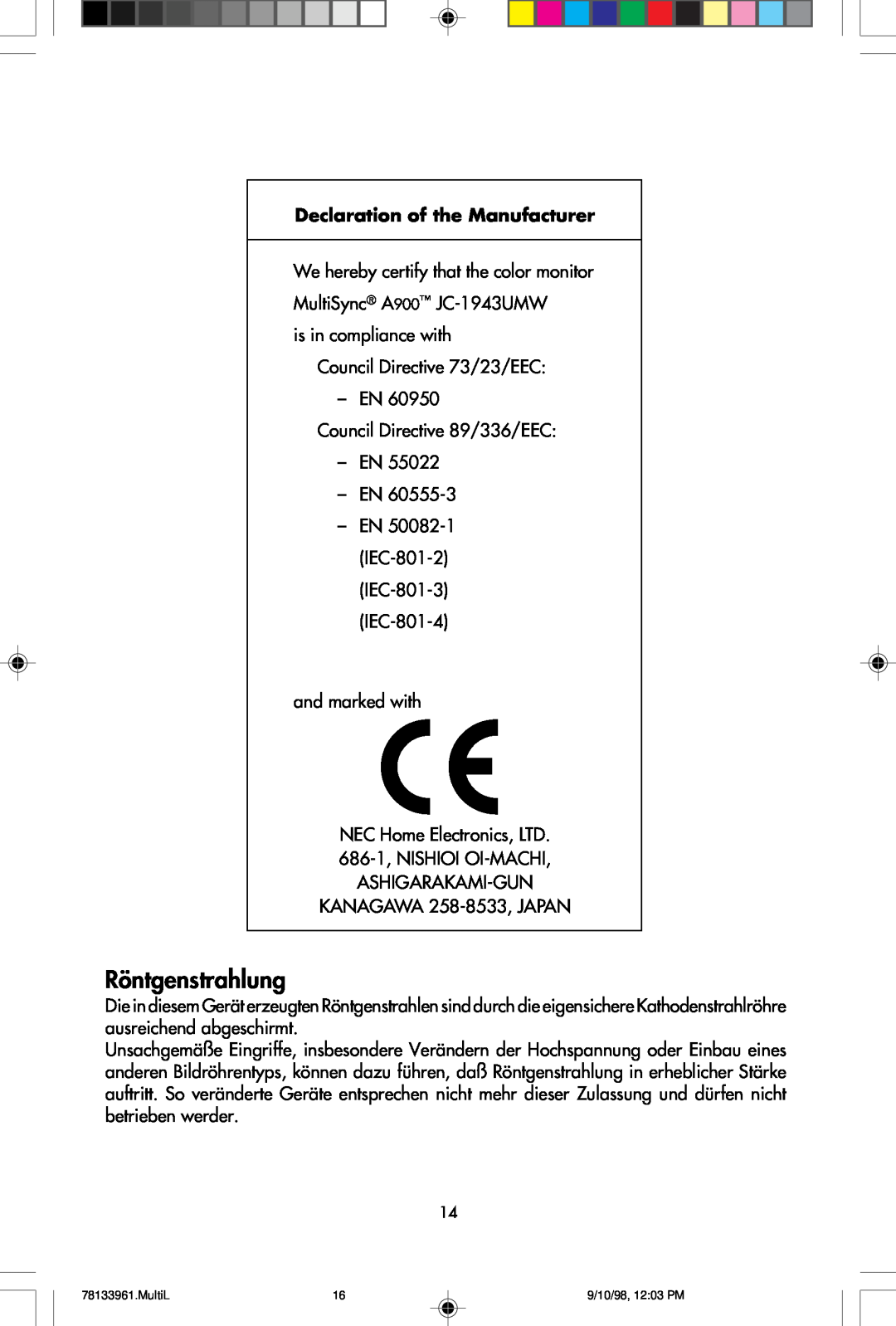 NEC A900 user manual Röntgenstrahlung, Declaration of the Manufacturer 