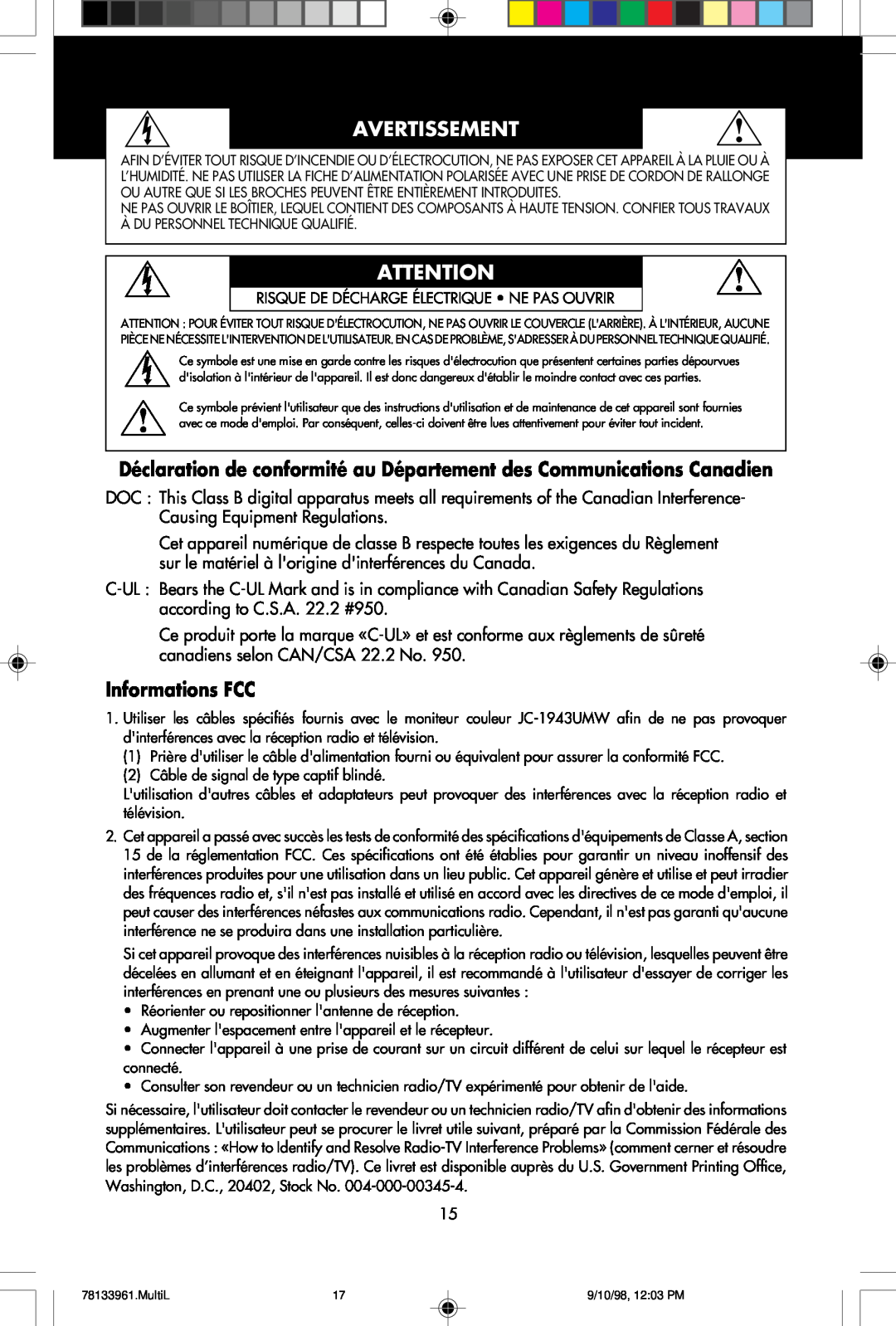 NEC A900 user manual Avertissement, Informations FCC 