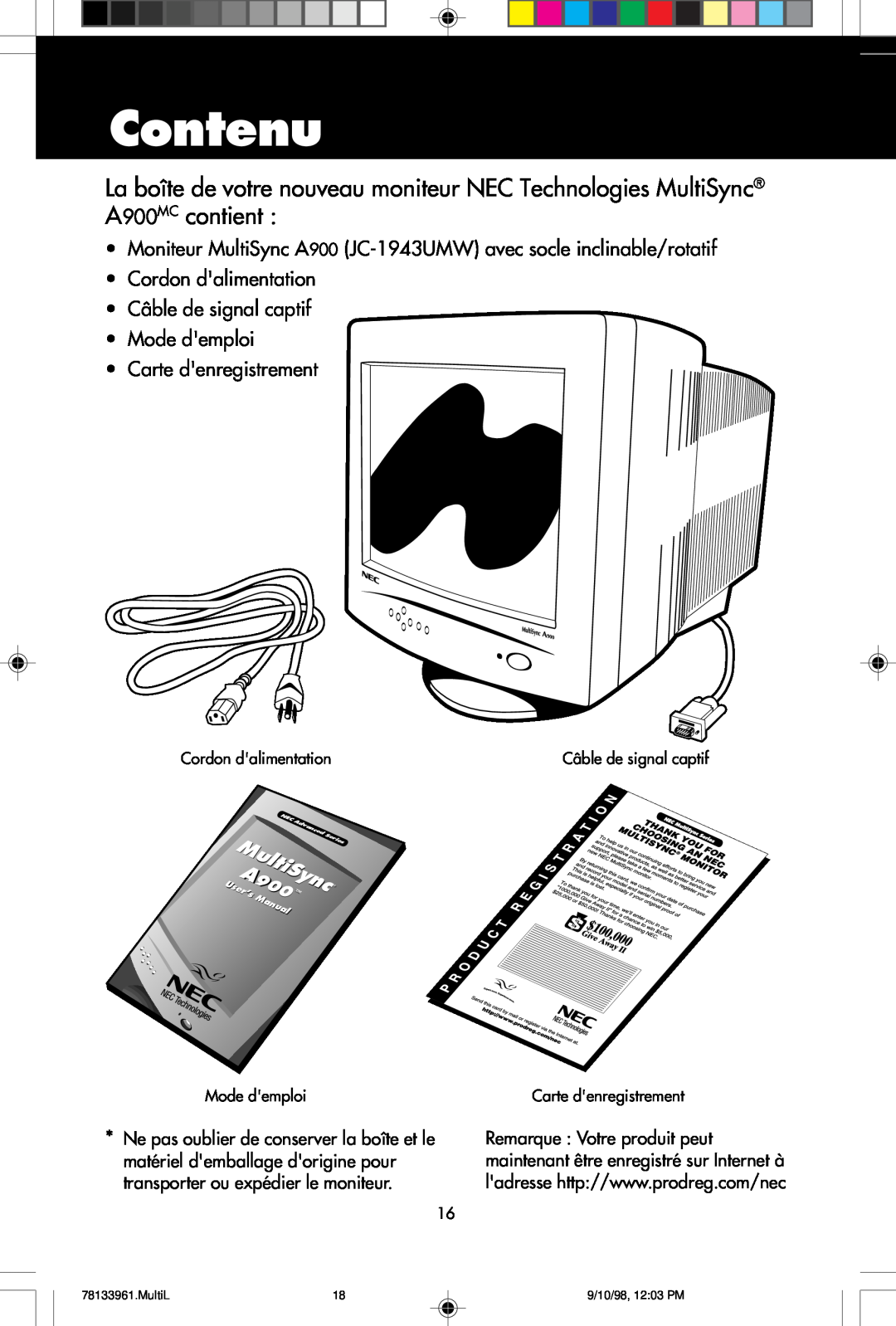 NEC A900 Contenu, MultiSync, Cordon dalimentation, Câble de signal captif, MultiL, 9/10/98, 12:03 PM, User’s900, Manual 