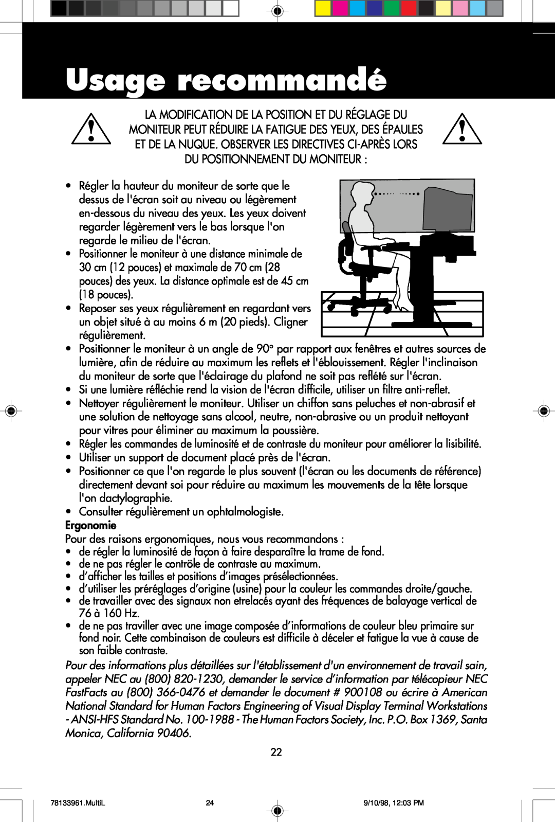 NEC A900 user manual Usage recommandé, La Modification De La Position Et Du Réglage Du, Du Positionnement Du Moniteur 
