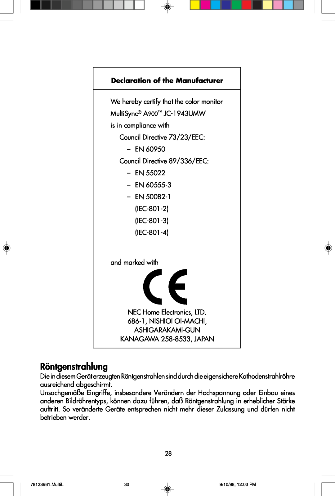NEC A900 user manual Röntgenstrahlung, MultiL, 9/10/98, 12:03 PM 