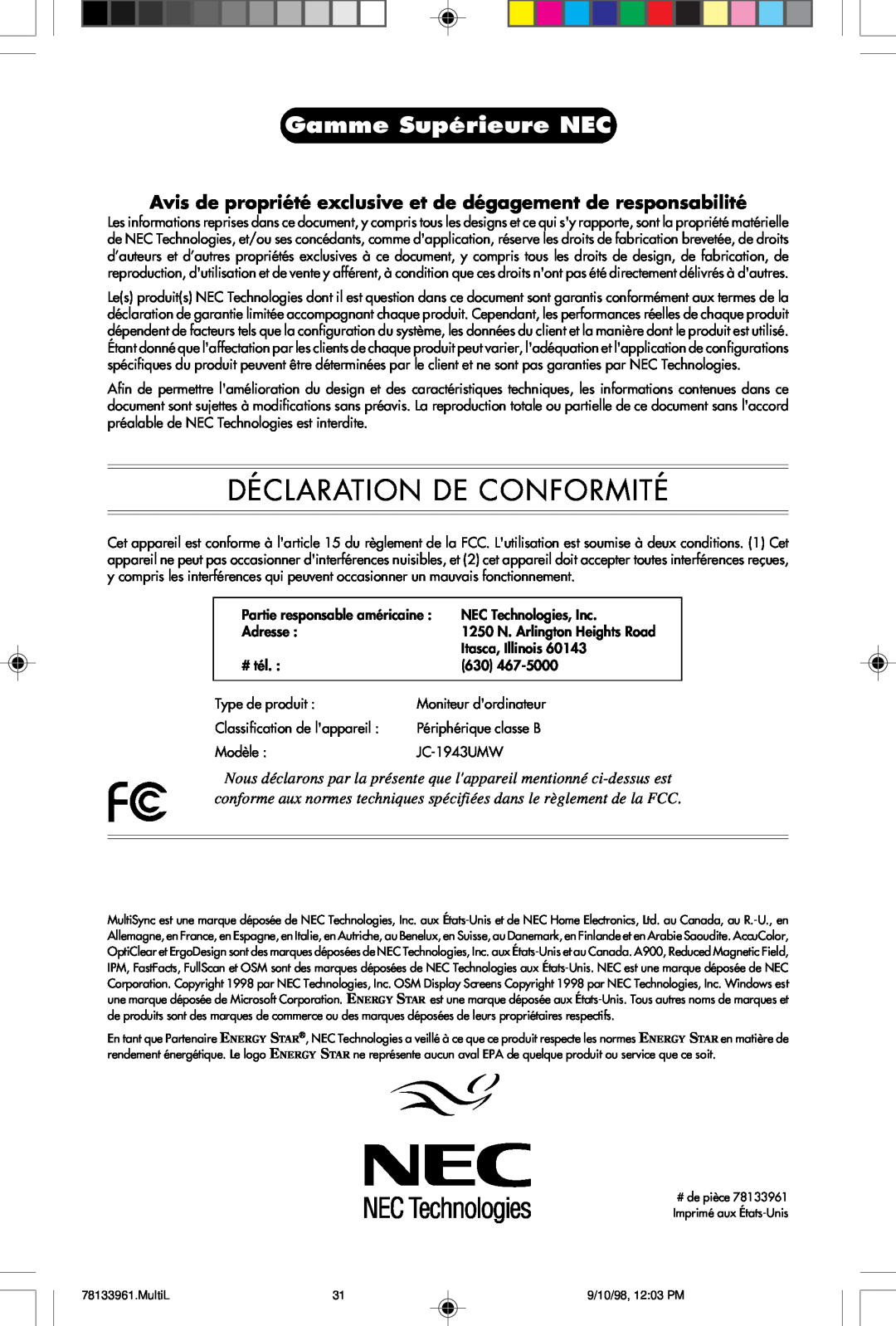 NEC A900 user manual Déclaration De Conformité, Gamme Supérieure NEC 