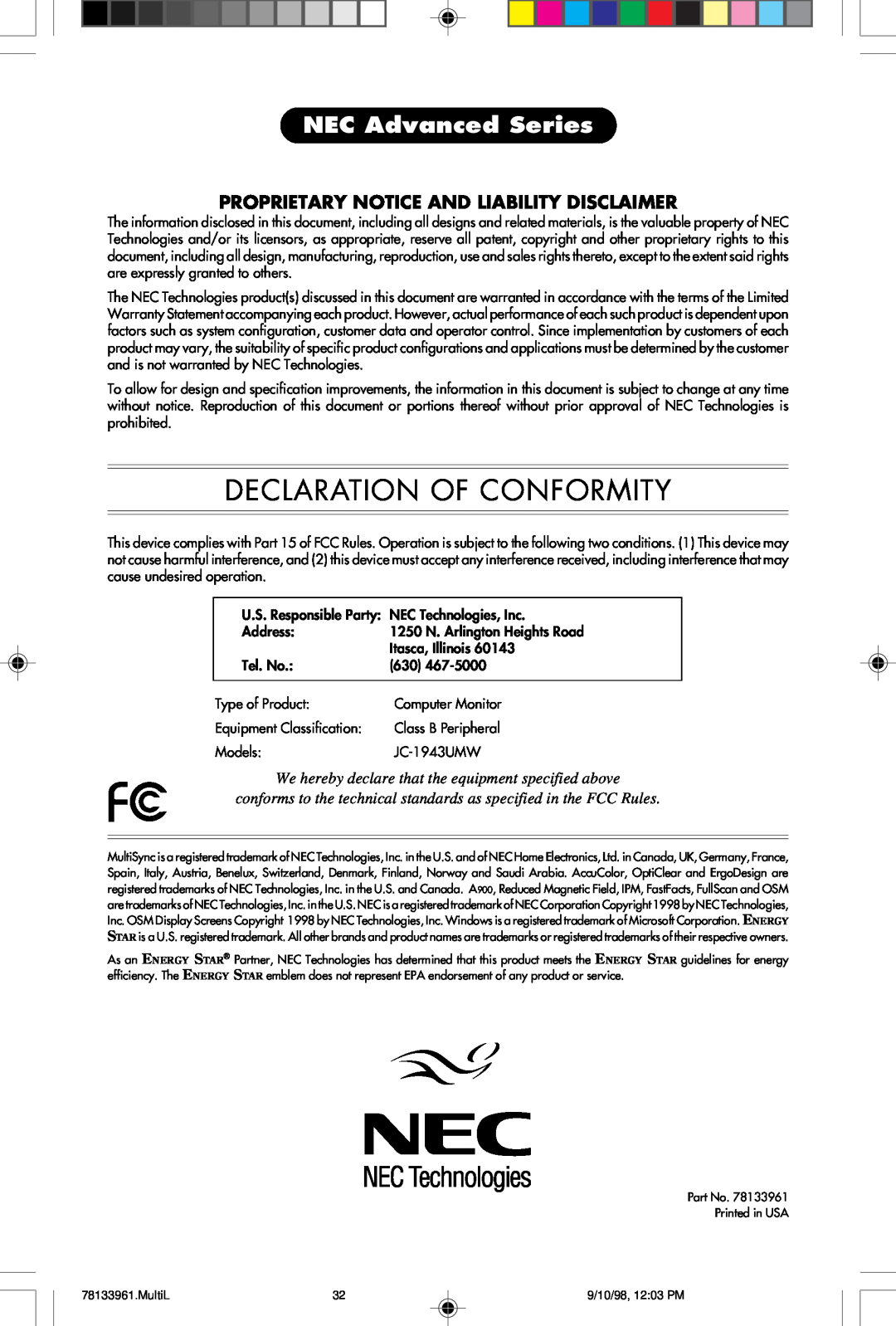 NEC A900 user manual Declaration Of Conformity, NEC Advanced Series 