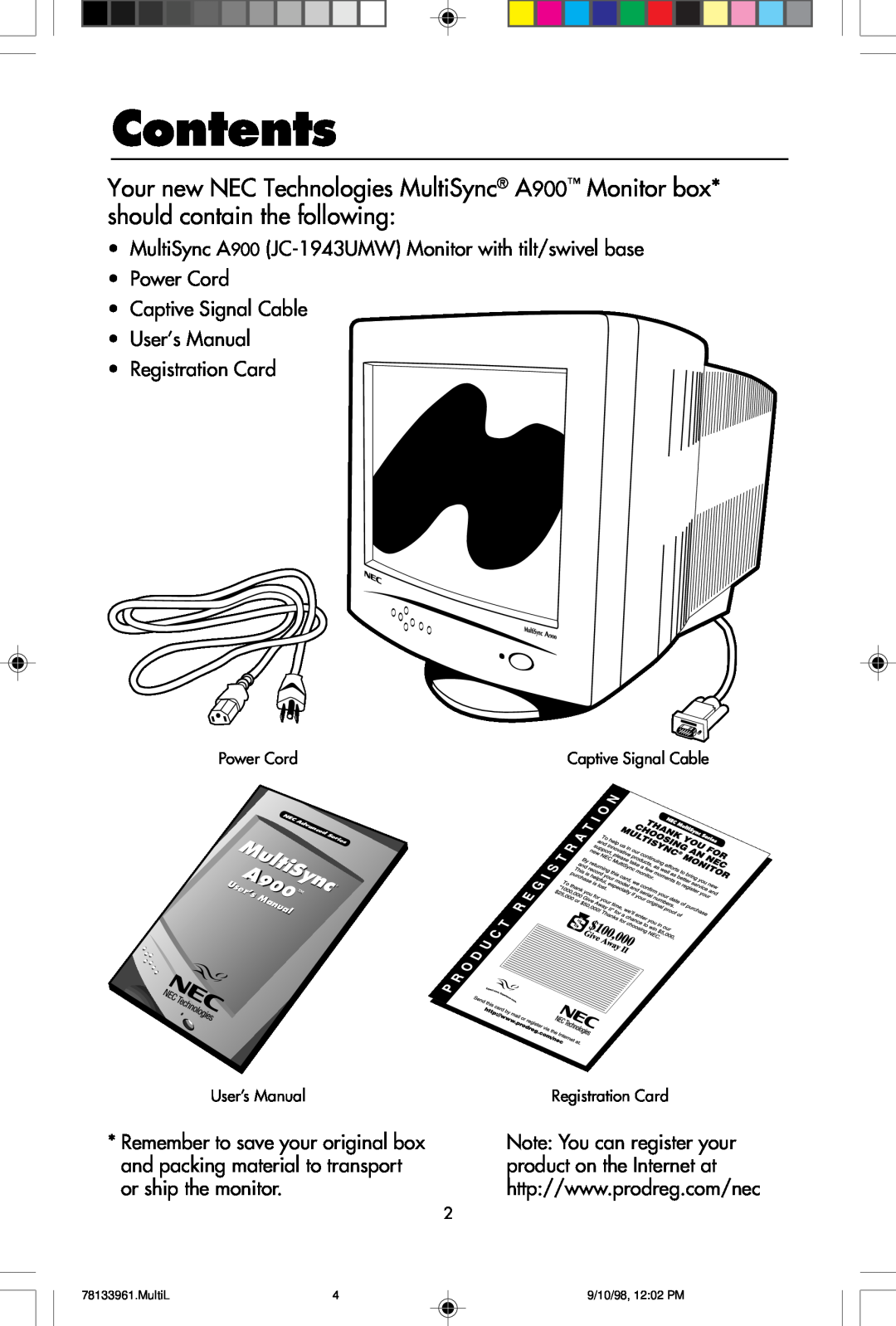 NEC A900 user manual Contents, MultiSync 