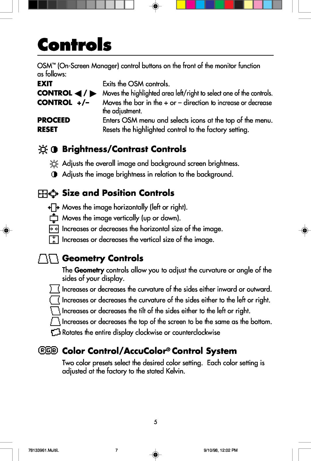 NEC A900 user manual Brightness/Contrast Controls, Size and Position Controls, Geometry Controls 