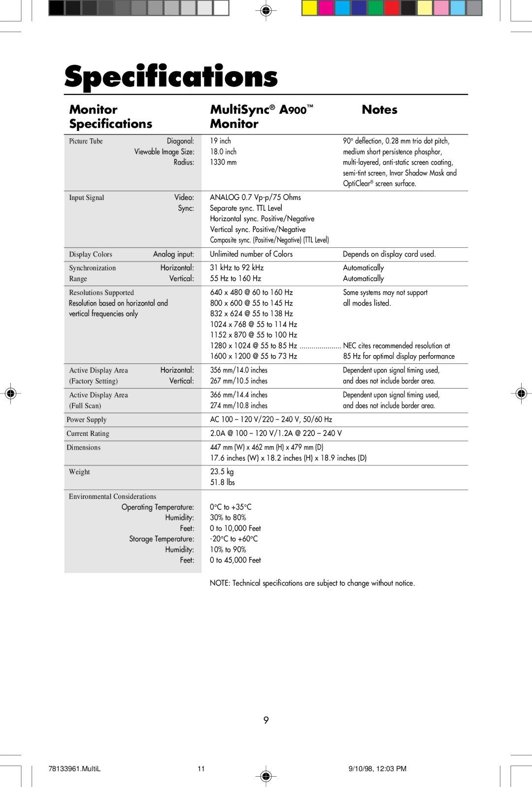 NEC user manual Monitor MultiSync A900 Specifications 