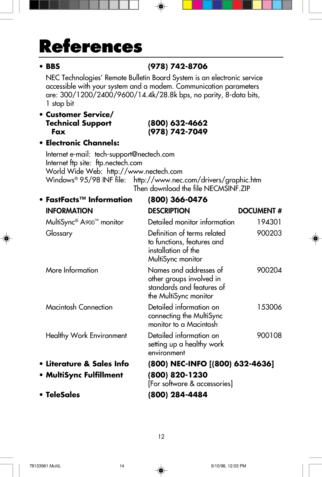 NEC A900 user manual References, 978, FastFacts Information 800, Literature & Sales Info NEC-INFO 800 MultiSync Fulfillment 