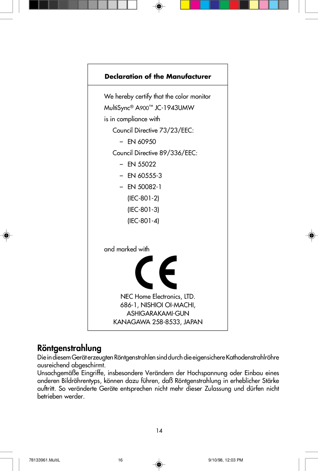 NEC A900 user manual Röntgenstrahlung 