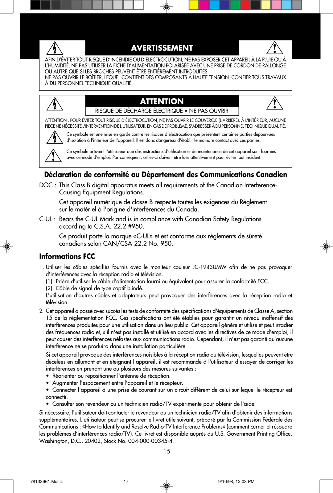 NEC A900 user manual Avertissement, Informations FCC 