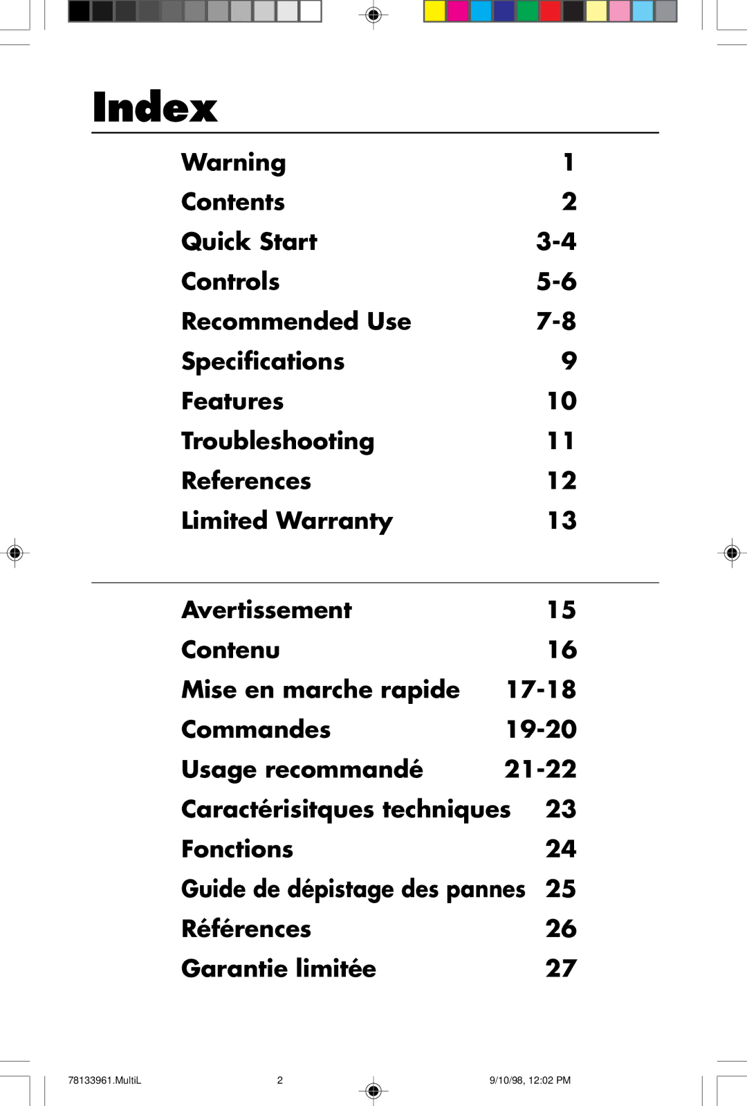 NEC A900 user manual Index, Références Garantie limitée 