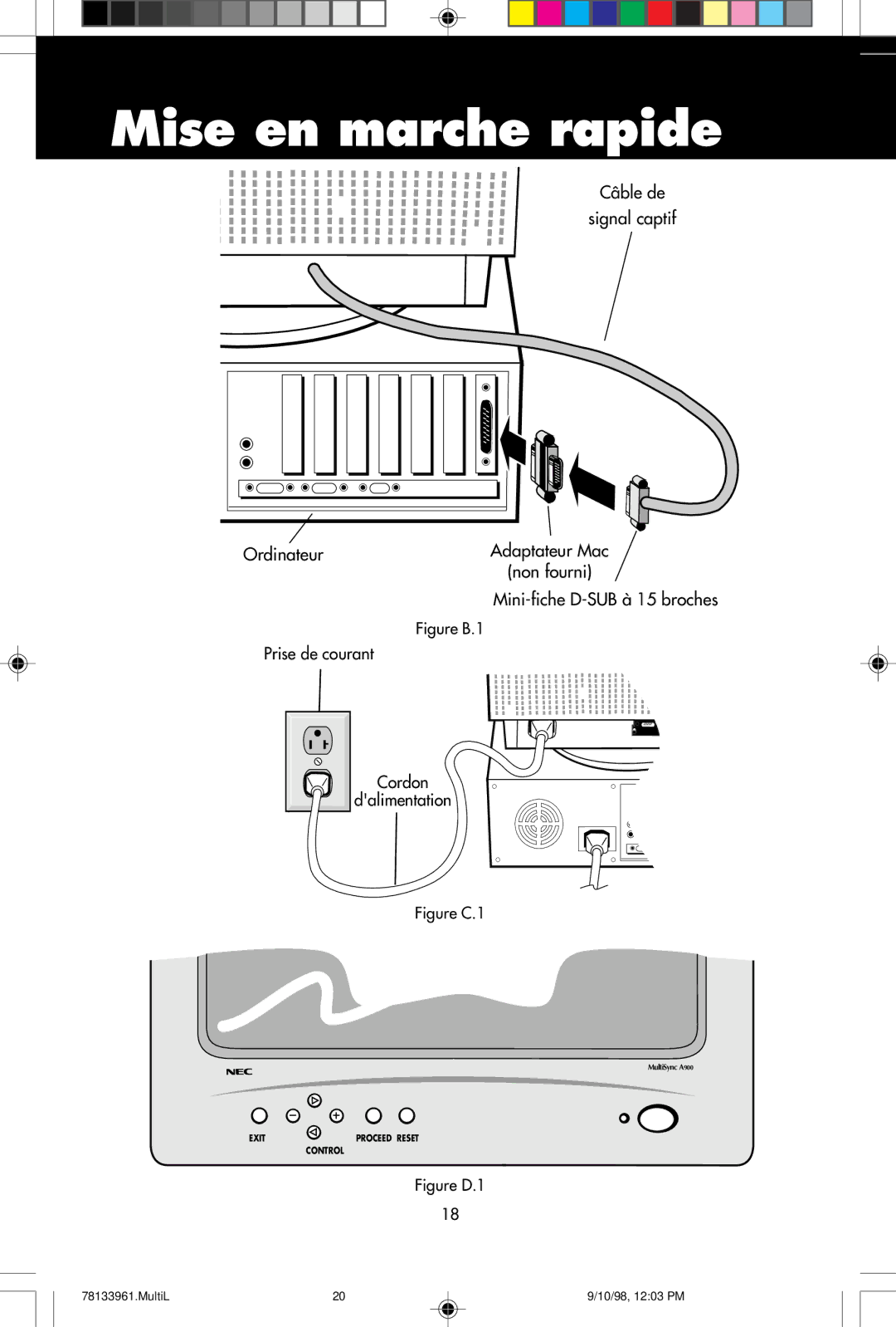 NEC A900 user manual Câble de Signal captif Ordinateur 