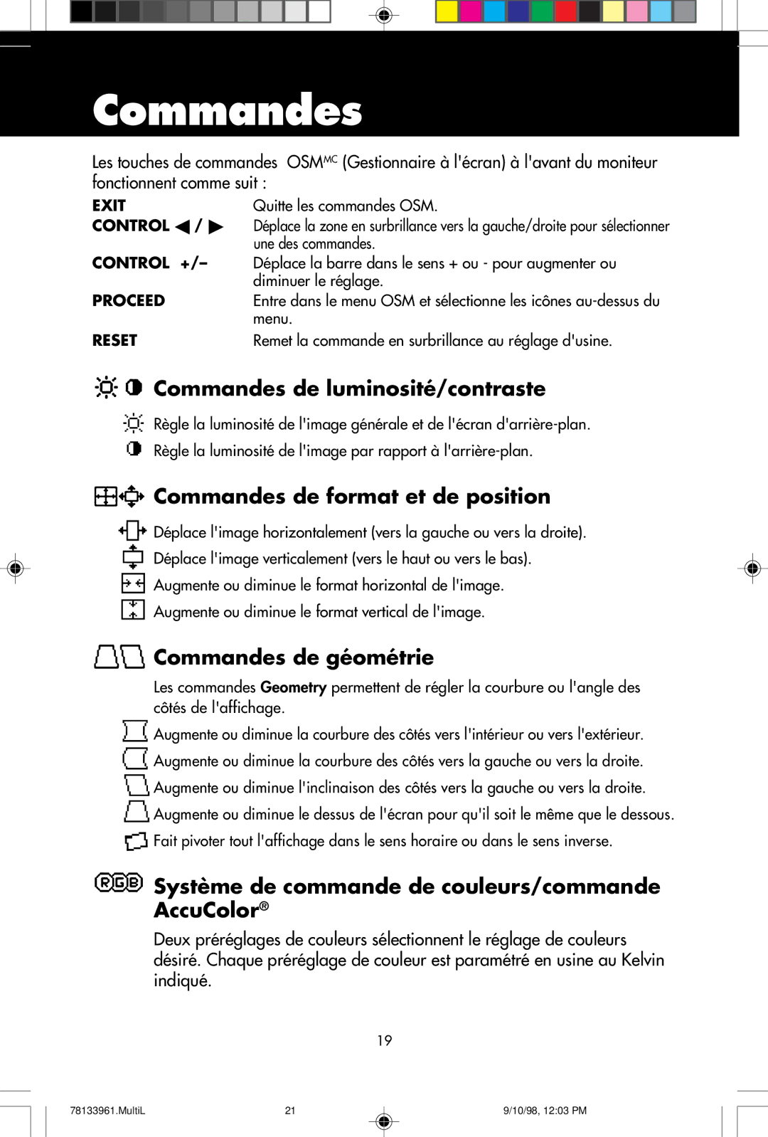 NEC A900 user manual Commandes de luminosité/contraste 