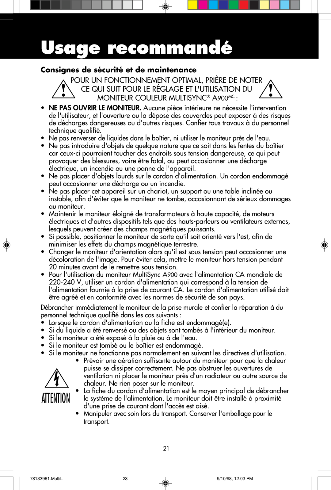 NEC A900 user manual Usage recommandé, Consignes de sécurité et de maintenance 