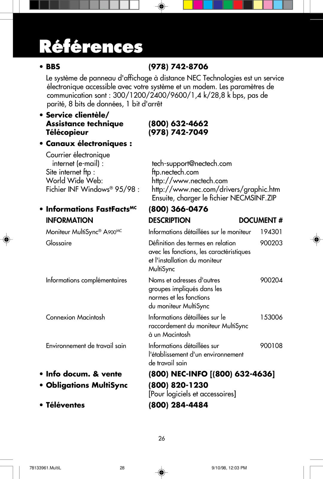 NEC A900 Références, Site internet ftp Ftp.nectech.com World Wide Web, Informations FastFactsMC 800, Téléventes 800 