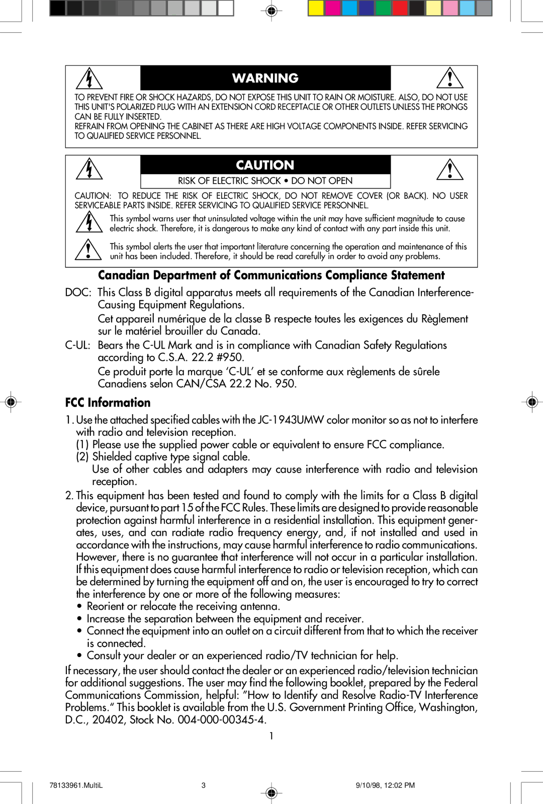 NEC A900 user manual Canadian Department of Communications Compliance Statement, FCC Information 