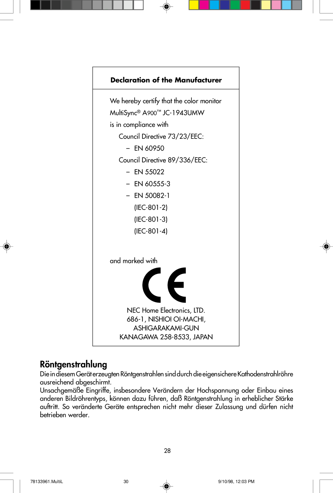 NEC A900 user manual Röntgenstrahlung 