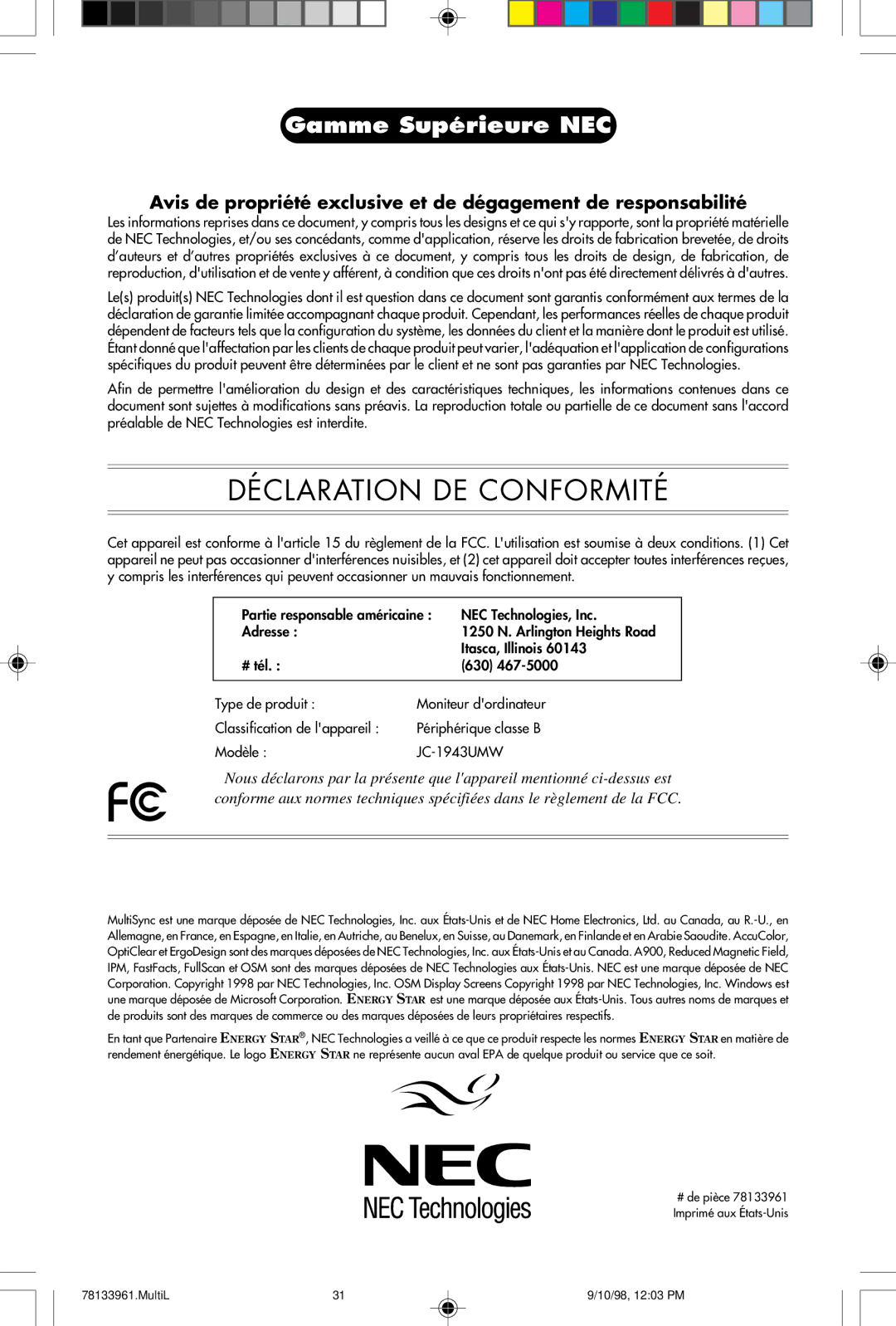 NEC A900 user manual Déclaration DE Conformité 