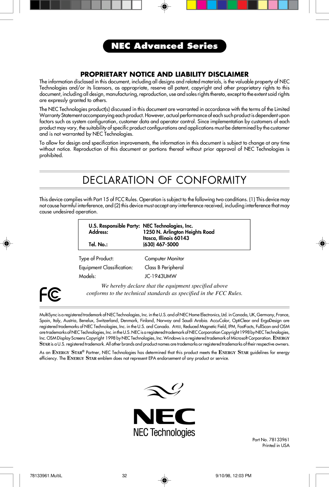 NEC A900 user manual Declaration of Conformity 