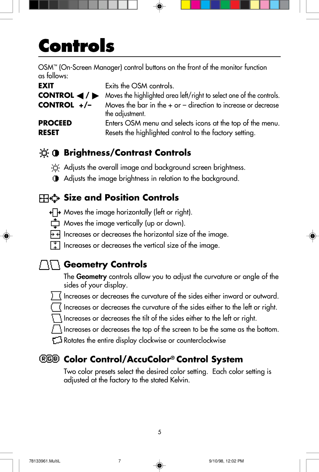 NEC A900 user manual Controls, Adjustment, Resets the highlighted control to the factory setting 