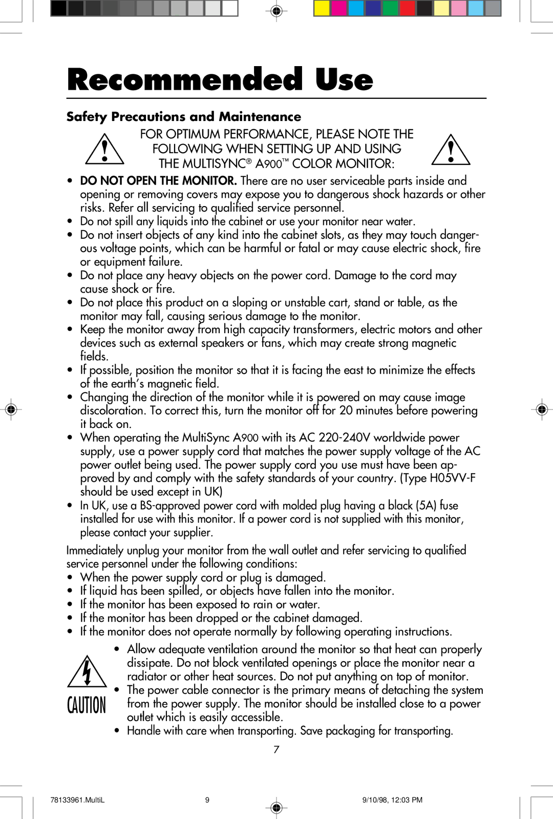 NEC A900 user manual Recommended Use, Safety Precautions and Maintenance 